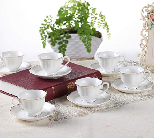 Juegos de Tazas Café Cappuccino Porcelana - 7OZ Set de Regalo de 6 Relieve con Borde Dorado Juegos De Tazas De Té Inglesa Tazas y Platoes