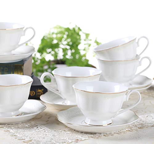 Juegos de Tazas Café Cappuccino Porcelana - 7OZ Set de Regalo de 6 Relieve con Borde Dorado Juegos De Tazas De Té Inglesa Tazas y Platoes