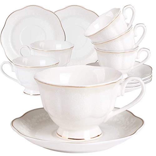 Juegos de Tazas Café Cappuccino Porcelana - 7OZ Set de Regalo de 6 Relieve con Borde Dorado Juegos De Tazas De Té Inglesa Tazas y Platoes