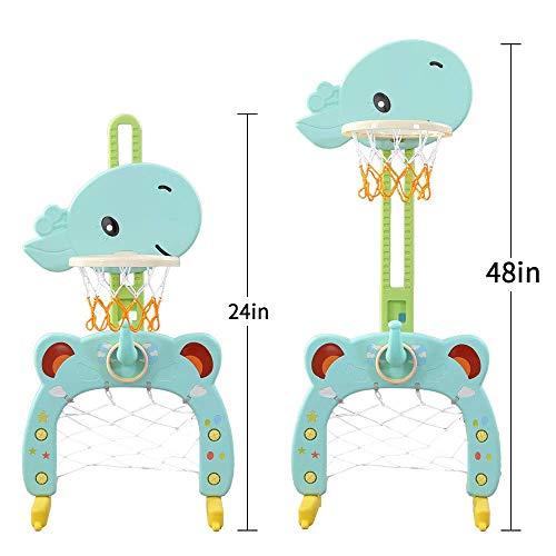 Juguete de Soporte de Baloncesto 3 en 1 Centro de Actividades Deportivas Ajustable Fácil puntuación Aro de Baloncesto, Anillo de Lanzamiento de portería de fútbol/fútbol Linda Jirafa