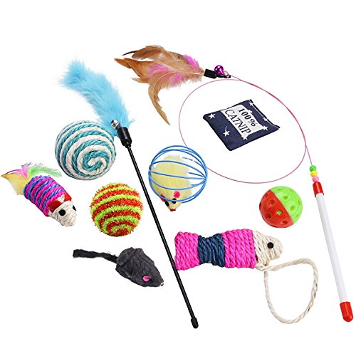 Juguetes para Gatos, 10 Piezas Juguete Interactivo para Gatos con Plumas para Kitty, mascotas juguetes, Juguete para Perros