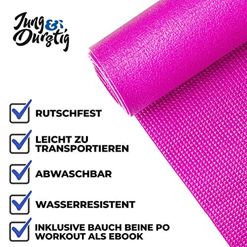 Jung & Durstig Esterilla de yoga 2 en 1 acolchada y antideslizante, color rosa, 173 x 61 cm