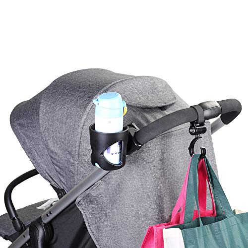 JUNSHUO Portavasos para Cochecito, 360 Grados Ajustable Universal Portavasos Carrito/Soporte para Bebidas con 1 Ganchos para la Mayoría de los Cochecitos, Sillas de ruedas, Rollers y Bicicletas