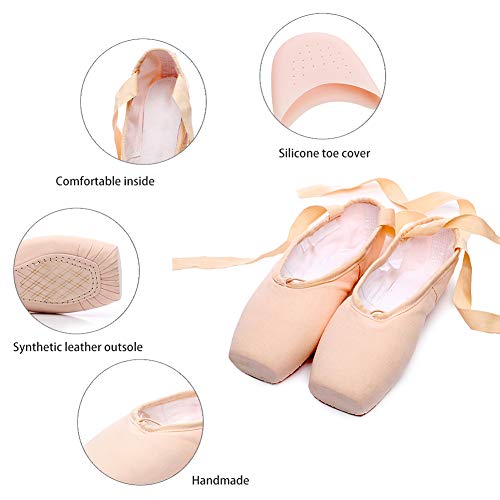 JUODVMP Zapatos de Danza de Punta Suave Zapatillas de Ballet con Puntera de Gel de Silicona y Cintas para Mujeres y Niñas,Modelo TJ-ZJBL,Rosado,36.5EU