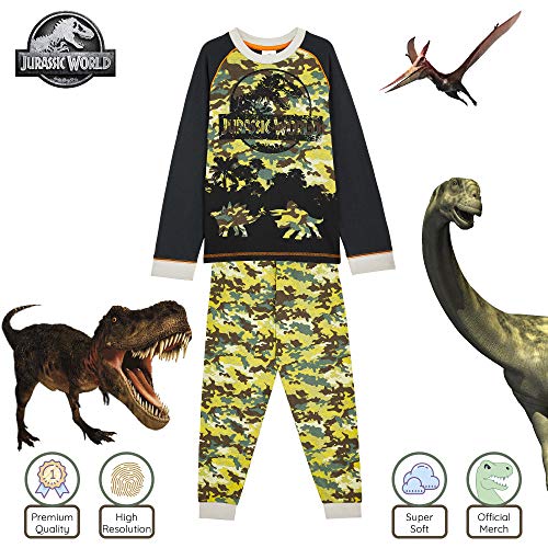 Jurassic World Pijama Niño, Pijama Dinosaurio Estampado Camuflaje, Pijamas de Dos Piezas Camiseta Manga Larga y Pantalones, Regalos Originales para Niños 3-12 Años (7-8 años)