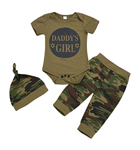 Jurebecia 3pcs Niñas Bebes Set de Ropa Daddy'S Girl Conjuntos a Juego Camuflaje Camiseta de Manga Corta+Pantalones+Sombrero 6-12M