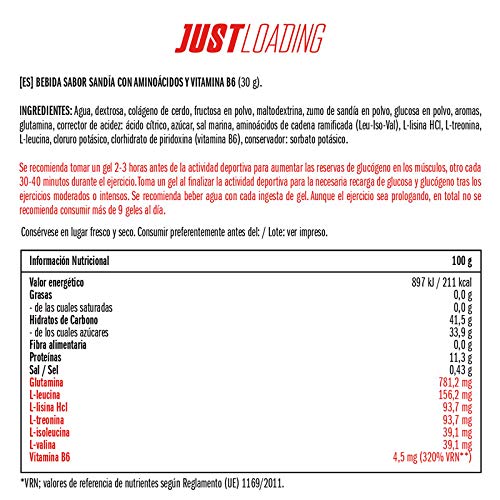 Just Loading - Geles Recovery Sandía con Aminoácidos BCAA`s y Glutamina 30 uds 30 g Just Loading - Geles Recovery Sandía con Aminoácidos BCAA`s y Glutamina 30 uds 30 g