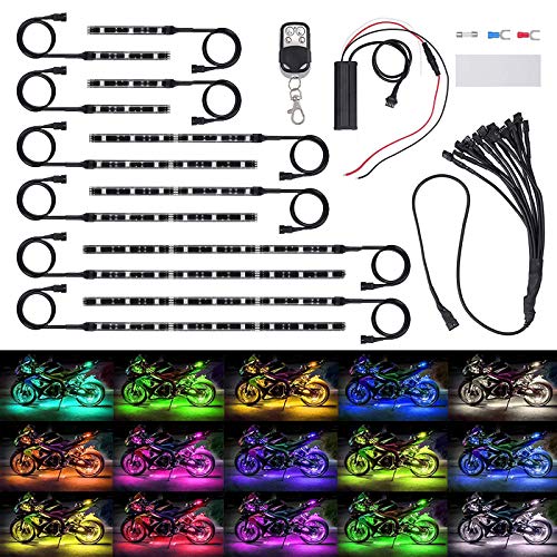 Justech 12PCs Tiras de Luces Led de Motocicleta 15 Colores RGB 72 LEDs Luz de Moto Impermeables IP65 con Adhesivo y Control Remoto Inalámbrico Luces Ambientes de Moto Perfecto para Decoración de Moto Justech 12PCs Tiras de Luces Led de Motocicleta 15 Colores RGB 72 LEDs Luz de Moto Impermeables IP65 con Adhesivo y Control Remoto Inalámbrico Luces Ambientes de Moto Perfecto para Decoración de Moto