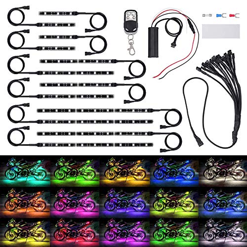 Justech 12PCs Tiras de Luces Led de Motocicleta 15 Colores RGB 72 LEDs Luz de Moto Impermeables IP65 con Adhesivo y Control Remoto Inalámbrico Luces Ambientes de Moto Perfecto para Decoración de Moto