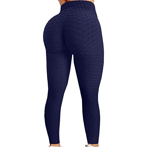 Justwide Ejercicio De Levantamiento De Cadera con Burbujas Pantalones De Yoga De Cintura Alta Leggings Push Up Mujer Mallas Pantalones Deportivos (A-Armada,L)