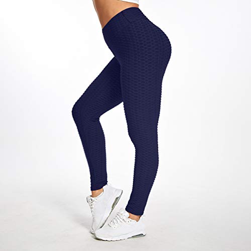 Justwide Ejercicio De Levantamiento De Cadera con Burbujas Pantalones De Yoga De Cintura Alta Leggings Push Up Mujer Mallas Pantalones Deportivos (A-Armada,L)