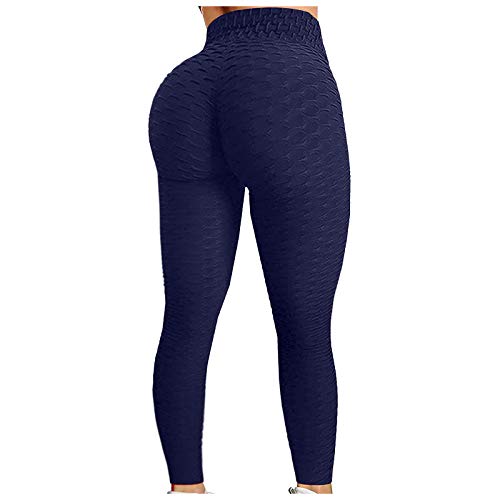 Justwide Ejercicio De Levantamiento De Cadera con Burbujas Pantalones De Yoga De Cintura Alta Leggings Push Up Mujer Mallas Pantalones Deportivos (A-Armada,L)