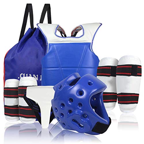 JXS-Outdoor Karate y Lucha Protector 5 x Kit - Alta Elasticidad EVA Relleno - Protector de la Ingle, Casco, Peto, espinilleras, Protectores de los Brazos,Azul,L JXS-Outdoor Karate y Lucha Protector 5 x Kit - Alta Elasticidad EVA Relleno - Protector de la Ingle, Casco, Peto, espinilleras, Protectores de los Brazos,Azul,L
