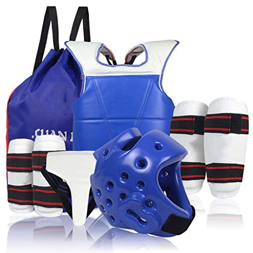 JXS-Outdoor Karate y Lucha Protector 5 x Kit - Alta Elasticidad EVA Relleno - Protector de la Ingle, Casco, Peto, espinilleras, Protectores de los Brazos,Azul,L