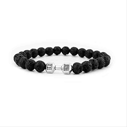 JYHW Venta al por Mayor de aleación de Metal Barbell y Negro Cuentas de Piedra Natural Mate Mancuernas Pulseras Hombres Estiramiento Yoga Pulsera   Lava Plata,Lava Silver