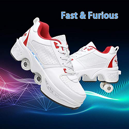 JZIYH Deformation Roller - Patines automáticos dobles con deformación casual, patines de rodillos, zapatos de patines retráctiles para adultos, ajustables, color blanco y rojo, 41