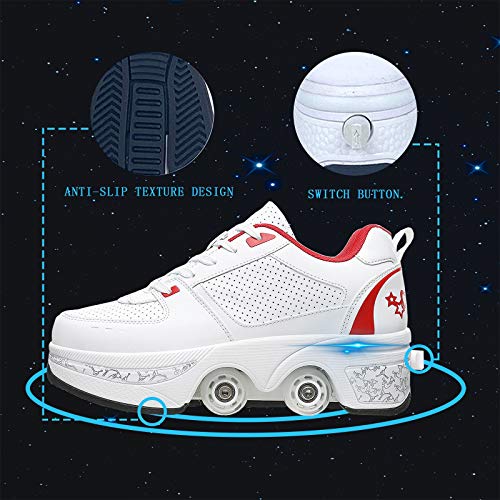 JZIYH Deformation Roller - Patines automáticos dobles con deformación casual, patines de rodillos, zapatos de patines retráctiles para adultos, ajustables, color blanco y rojo, 41
