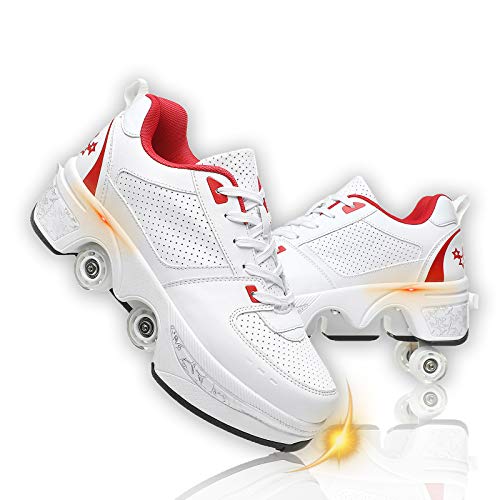 JZIYH Deformation Roller - Patines automáticos dobles con deformación casual, patines de rodillos, zapatos de patines retráctiles para adultos, ajustables, color blanco y rojo, 41