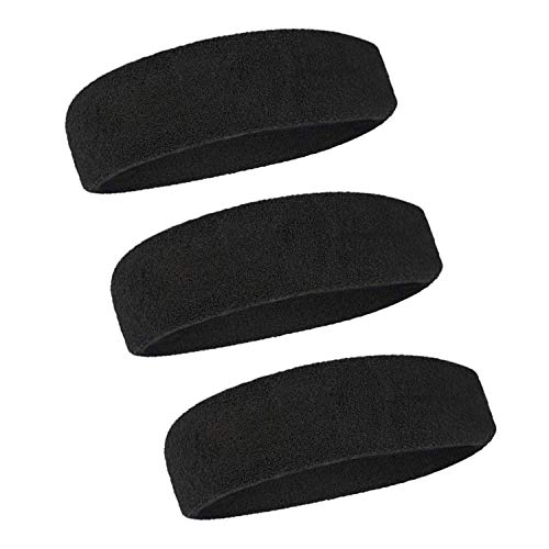 JZZJ 3 Piezas Diadema Deportiva para Hombres y Mujeres, Banda Elástica de Pelo Antideslizante Banda de Cabeza Atlética de Algodón de Absorción de Humedad para Deportes (Negro)