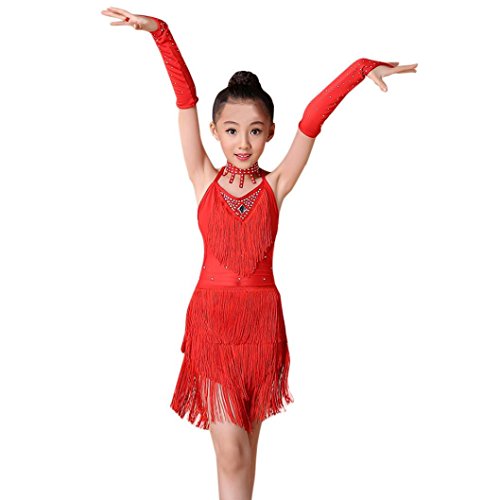 K-youth Ninas Borla Latino Vestido De Baile Vestido Danza Latina Niña Traje Baile Tango Salsa Deportivo Salón Ropa Niñas Borla Latín Practica Falda de Baile con Accesorios (Rojo, 10-11 años)