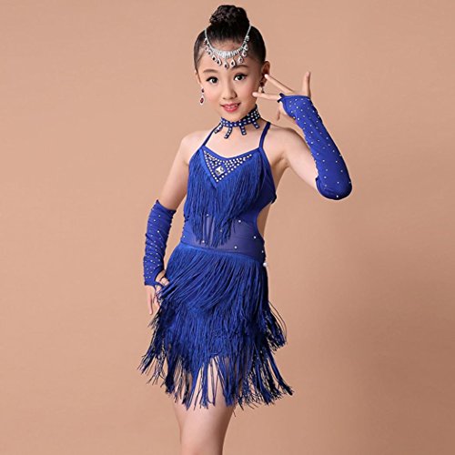 K-youth Ninas Borla Latino Vestido De Baile Vestido Danza Latina Niña Traje Baile Tango Salsa Deportivo Salón Ropa Niñas Borla Latín Practica Falda de Baile con Accesorios (Azul, 12-13 años)