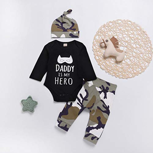 K-youth Ropa Bebe Nino Recien Nacido Otoño Invierno Daddy IS MY Hero Infantil Body Bebe Niña Manga Larga Camisetas Bebé Mono Mameluco + Camuflaje Pantalones + Sombrero(Negro, 12-18 Meses)