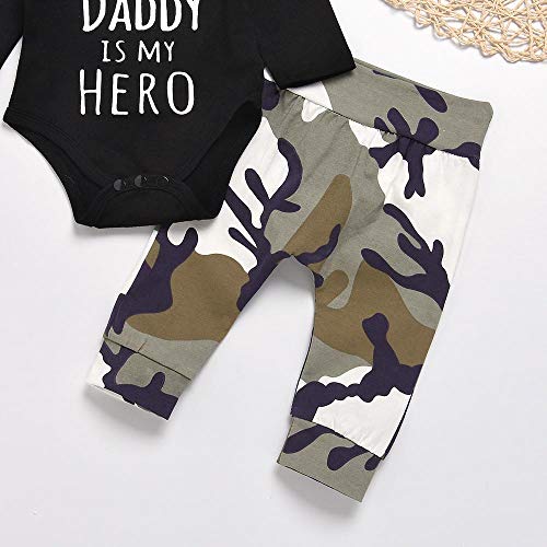 K-youth Ropa Bebe Nino Recien Nacido Otoño Invierno Daddy IS MY Hero Infantil Body Bebe Niña Manga Larga Camisetas Bebé Mono Mameluco + Camuflaje Pantalones + Sombrero(Negro, 12-18 Meses)