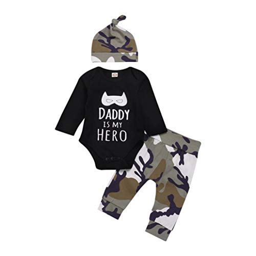 K-youth Ropa Bebe Nino Recien Nacido Otoño Invierno Daddy IS MY Hero Infantil Body Bebe Niña Manga Larga Camisetas Bebé Mono Mameluco + Camuflaje Pantalones + Sombrero(Negro, 12-18 Meses)