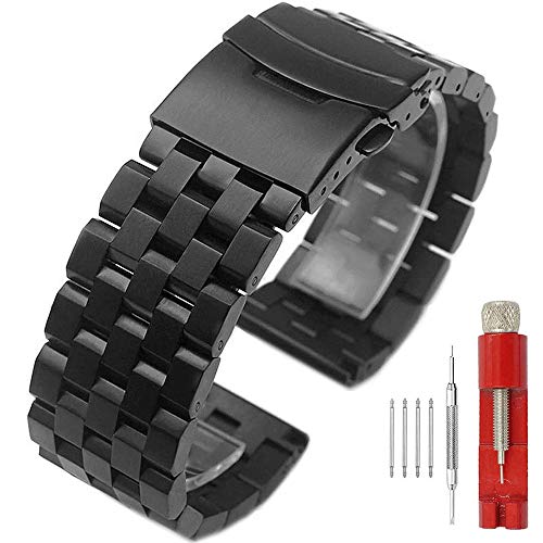 Kai Tian Banda de reloj de acero inoxidable de 5 filas para hombres Correa reloj de metal negro Bandas de reloj de vestir con clase de 22mm Cierre de implementación