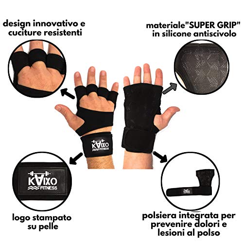 KAIXO FITNESS Guantes de Entrenamiento Gym Crossfit para el Gimnasio. Calleras con muñequera para Levantamiento Pesas, calistenia, Bodybuilding, Gimnasia y Fitness. Hombre y Mujer (Negro, L)