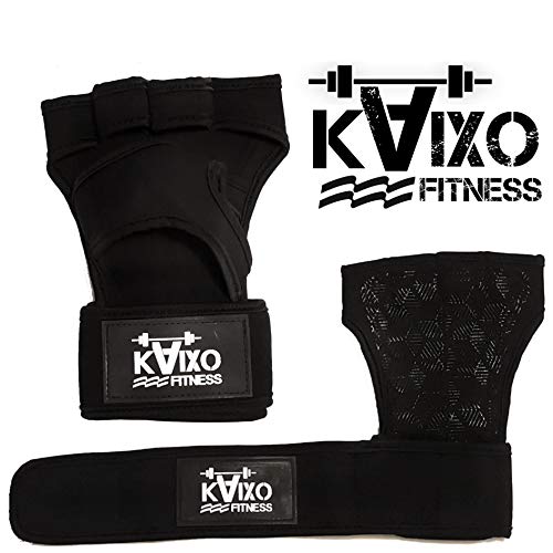 KAIXO FITNESS Guantes de Entrenamiento Gym Crossfit para el Gimnasio. Calleras con muñequera para Levantamiento Pesas, calistenia, Bodybuilding, Gimnasia y Fitness. Hombre y Mujer (Negro, L)