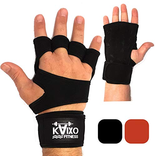 KAIXO FITNESS Guantes de Entrenamiento Gym Crossfit para el Gimnasio. Calleras con muñequera para Levantamiento Pesas, calistenia, Bodybuilding, Gimnasia y Fitness. Hombre y Mujer (Negro, L)