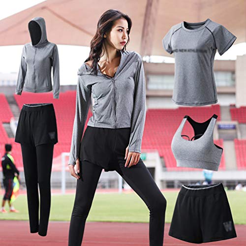 Kaiyei Conjunto Deportivo Mujer Fitness 3 Piezas Camiseta+Sujetador+Pantalones Cortos Outfit Yoga Secado Rápido Elástico Suave Transpirable Gym Gimnasio Ciclismo Sport Jogging Gris Claro 3XL