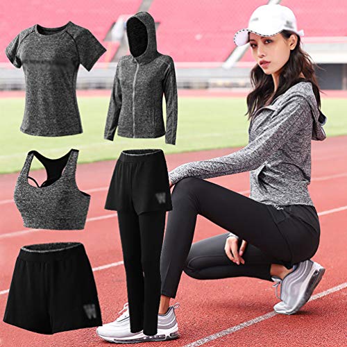 Kaiyei Conjunto Deportivo Mujer Fitness 3 Piezas Camiseta+Sujetador+Pantalones Cortos Outfit Yoga Secado Rápido Elástico Suave Transpirable Gym Gimnasio Ciclismo Sport Jogging Gris Claro 3XL