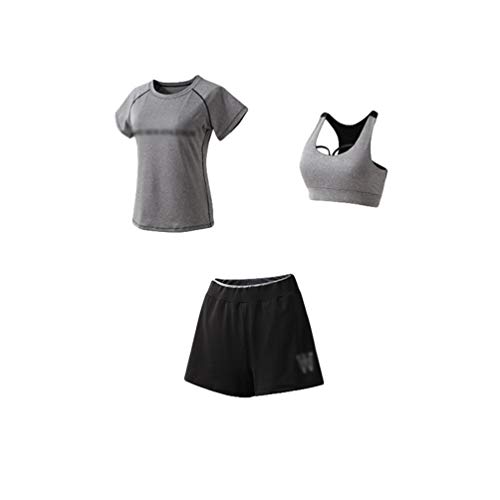 Kaiyei Conjunto Deportivo Mujer Fitness 3 Piezas Camiseta+Sujetador+Pantalones Cortos Outfit Yoga Secado Rápido Elástico Suave Transpirable Gym Gimnasio Ciclismo Sport Jogging Gris Claro 3XL