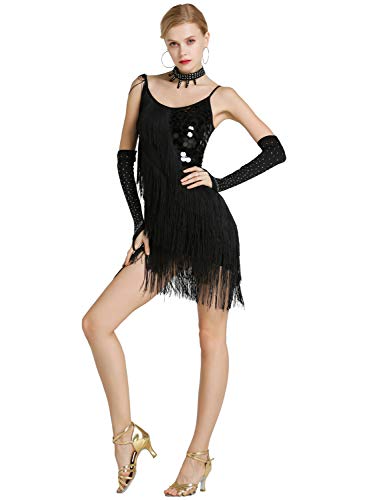 Kaiyei Hembra Latina Baile Traje de Malla Lentejuelas Borla Latina Ropa Vestido para Las Mujeres de América Latina Salsa Ballroomdance Vestidos Negro M