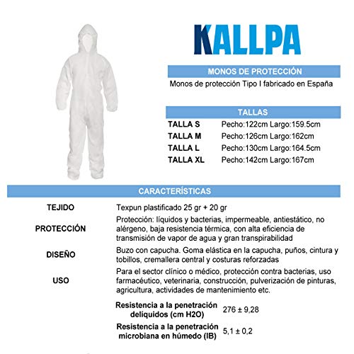 KALLPA Monos de protección Reutilizables - Polipropileno, plastificado, Buzo de Trabajo Tipo I - Protege de líquidos y bacterias, Impermeable, antiestático, no alérgeno y Gran transpirabilidad (XL)