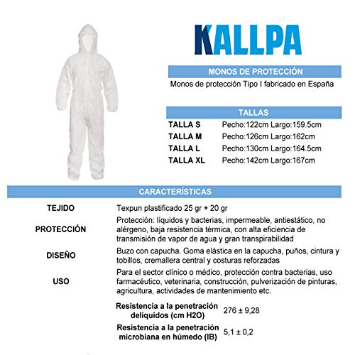 KALLPA Monos de protección Reutilizables - Polipropileno, plastificado, Buzo de Trabajo Tipo I - Protege de líquidos y bacterias, Impermeable, antiestático, no alérgeno y Gran transpirabilidad (XL) KALLPA Monos de protección Reutilizables - Polipropileno, plastificado, Buzo de Trabajo Tipo I - Protege de líquidos y bacterias, Impermeable, antiestático, no alérgeno y Gran transpirabilidad (XL)