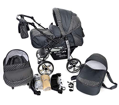 Kamil, Classic 3-in-1 Travel System with 4 STATIC (FIXED) WHEELS incl. Baby Pram, Car Seat, Pushchair & Accessories (3-in-1 Travel System, Gray & Polka Dots) Kamil, Classic 3-in-1 Travel System with 4 STATIC (FIXED) WHEELS incl. Baby Pram, Car Seat, Pushchair & Accessories (3-in-1 Travel System, Gray & Polka Dots)