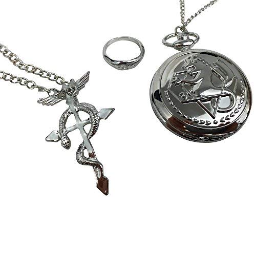 Katara Fullmetal Alchemist Set 3 Pcs-Reloj de Bolsillo, Colgante, Anillo, Anime Disfraz Cosplay, color plata, 4.5 cm (1736) Katara Fullmetal Alchemist Set 3 Pcs-Reloj de Bolsillo, Colgante, Anillo, Anime Disfraz Cosplay, color plata, 4.5 cm (1736)