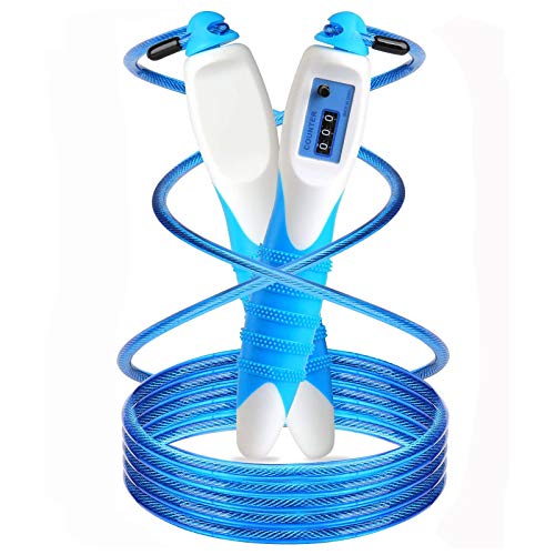 KATELUO Cuerda Saltar Digital con Contador, Velocidad Cuerda de Salto, Skipping Rope para Hacer Ejercicio, Quemar Grasa, Adecuado para Niños, Adultos, Niñas, Hombres y Mujeres (Azul)