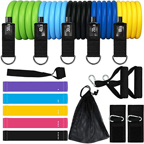 KEAFOLS Bandas Elásticas, 16 PCS Látex Bandas de Resistencia -5 Tubos de látex/Cubierta Protectora/Manijas/Ancla de Puerta/Bolsa de Transporte, Set de 5 Cintas Elásticas Fitness y Musculación