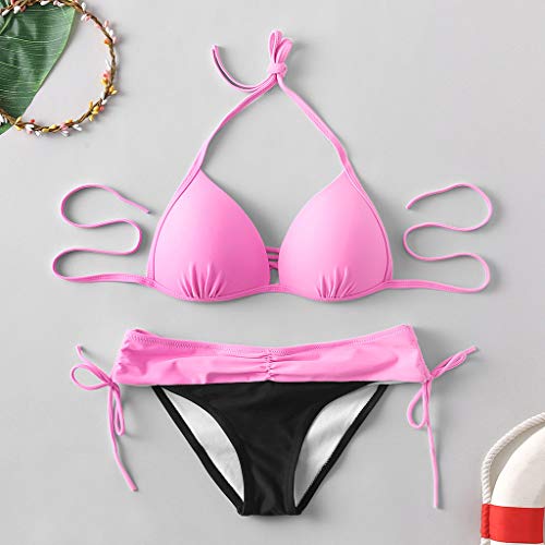 KEERADS - Bikini para Mujer, monocromático y con patrón, Traje de baño de Dos Piezas con triángulo Push up, Vendaje Acolchado, Bikini Rosa. M