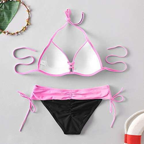 KEERADS - Bikini para Mujer, monocromático y con patrón, Traje de baño de Dos Piezas con triángulo Push up, Vendaje Acolchado, Bikini Rosa. M