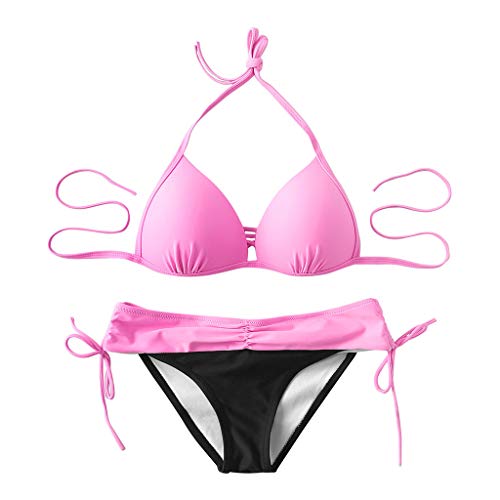 KEERADS - Bikini para Mujer, monocromático y con patrón, Traje de baño de Dos Piezas con triángulo Push up, Vendaje Acolchado, Bikini Rosa. M