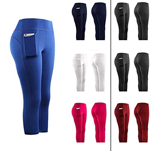 KEERADS Damen Leggings 3/4 con bolsillos dobles, pantalones de yoga, pantalones de deporte, mallas de entrenamiento, con funda para el teléfono móvil azul M