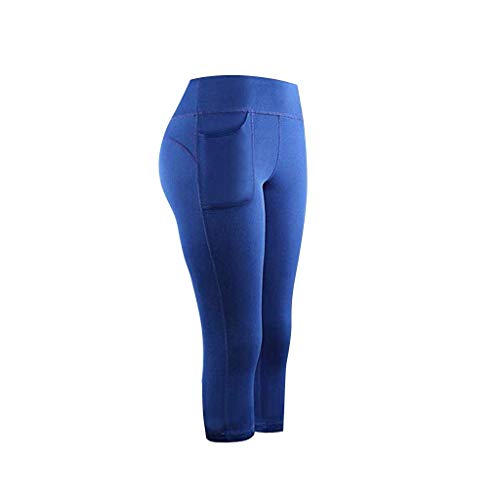KEERADS Damen Leggings 3/4 con bolsillos dobles, pantalones de yoga, pantalones de deporte, mallas de entrenamiento, con funda para el teléfono móvil azul M