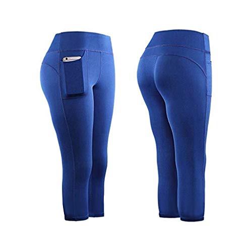 KEERADS Damen Leggings 3/4 con bolsillos dobles, pantalones de yoga, pantalones de deporte, mallas de entrenamiento, con funda para el teléfono móvil azul M