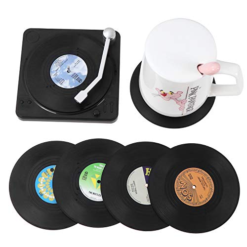 KEESIN 6 posavasos de vinilo antideslizantes, diseño retro con aislamiento para CD y café, con soporte (verde)