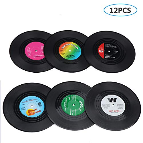 KEESIN Osavasos de Vinilo Antideslizante, Retro de Discos de CD Tapete Aislado para Taza de Café, 12 Unidades (Tipo A)